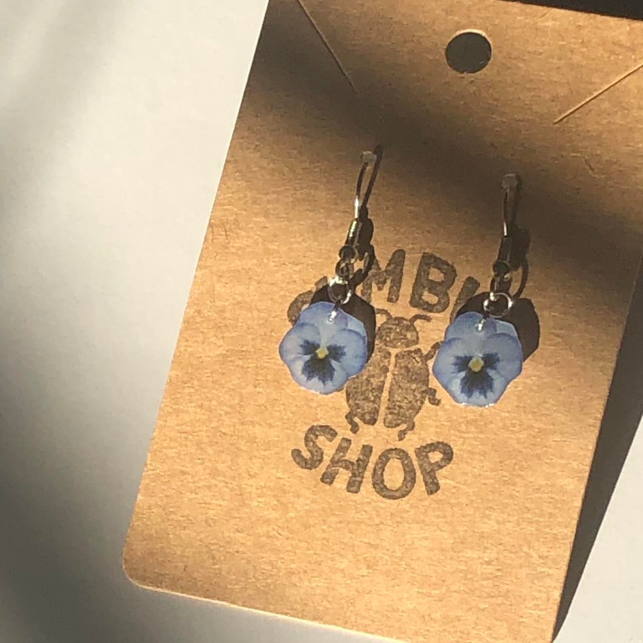 Blue Pansy Flower Resin Earrings